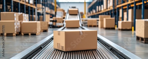 Conveyor belt transporting packages in a modern warehouse, showcasing efficient logistics and storage solutions.