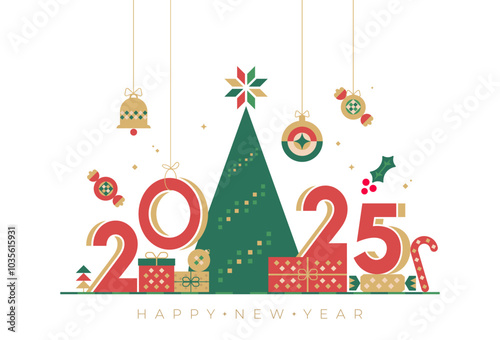 Festive Happy New Year 2025 invitation card with Christmas tree, gifts, ornaments, and holiday decorations in red, green, and gold tones photo