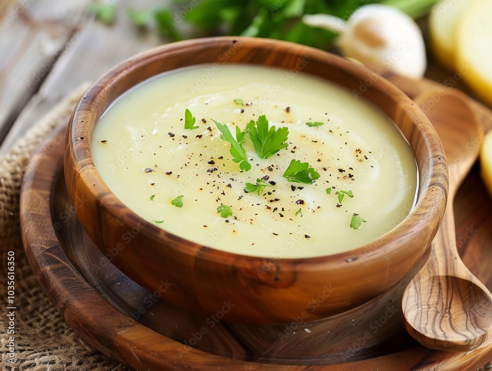 Comfort in a Bowl: Creamy Potato Soup Served on a Wooden Plate Comfort in a Bowl: Creamy Potato Soup Served on a Wooden Plate