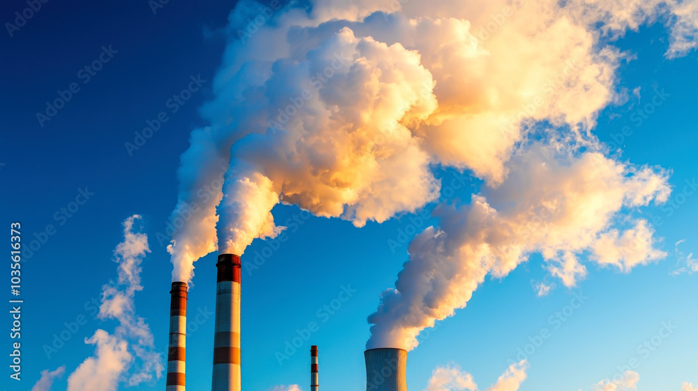 Industrial smokestacks release thick clouds of smoke into clear blue sky, highlighting impact of pollution on environment. scene evokes sense of urgency regarding air quality and climate change Industrial smokestacks release thick clouds of smoke into clear blue sky, highlighting impact of pollution on environment. scene evokes sense of urgency regarding air quality and climate change