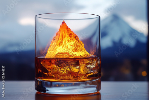 Glass of whiskey against mountain backdrop.