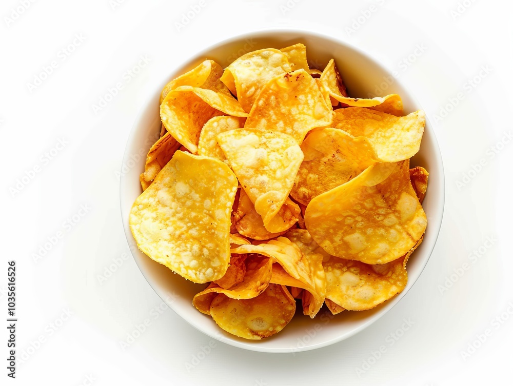Crispy Wavy Cheese-flavored Potato Chips in a Bowl - Top View Crispy Wavy Cheese-flavored Potato Chips in a Bowl - Top View
