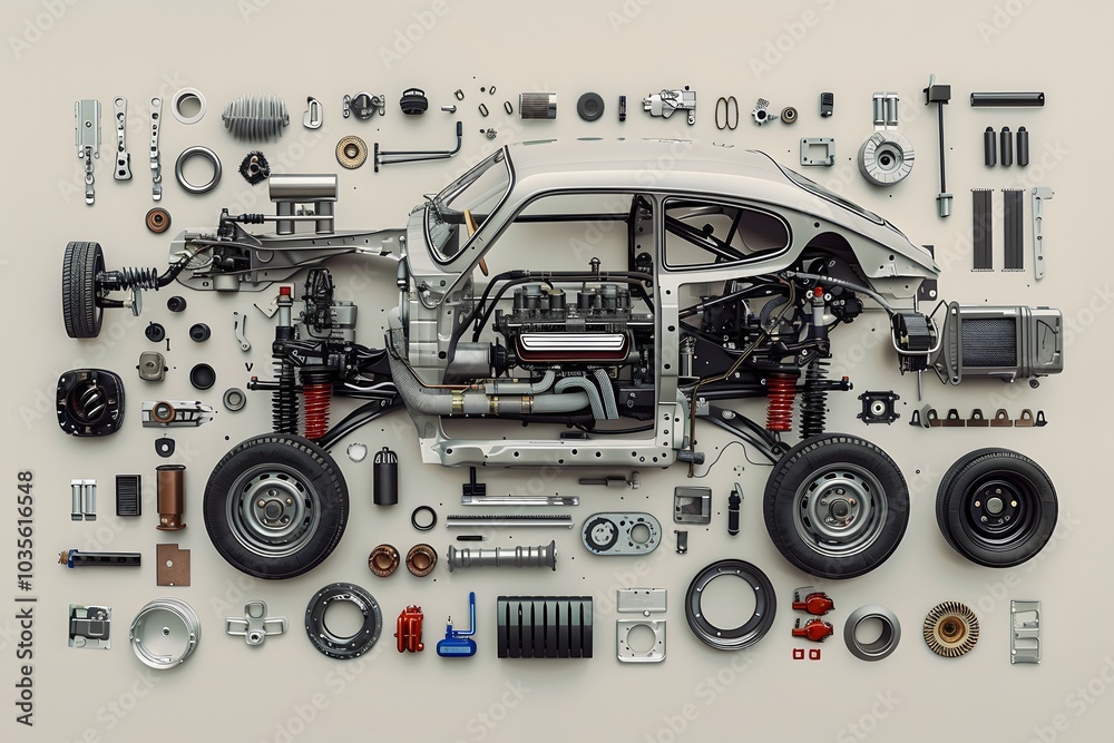 Fototapeta premium Detailed Breakdown of a Car's Components in an Artistic Layout