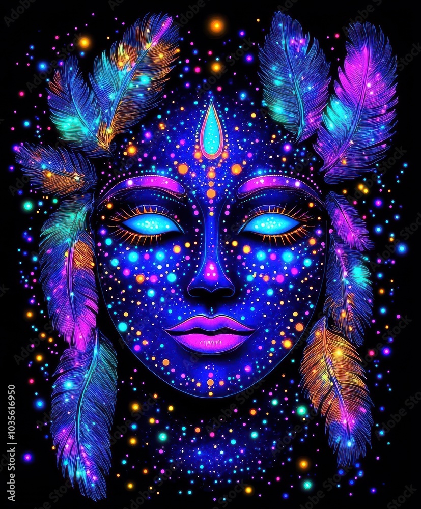 Vibrant neon tribal face with feathers cosmic pattern Vibrant neon tribal face with feathers cosmic pattern
