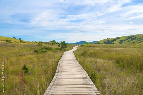A wooden boardwalk path leading through a grassy field with rolling hills and a cloudy blue sky in the background