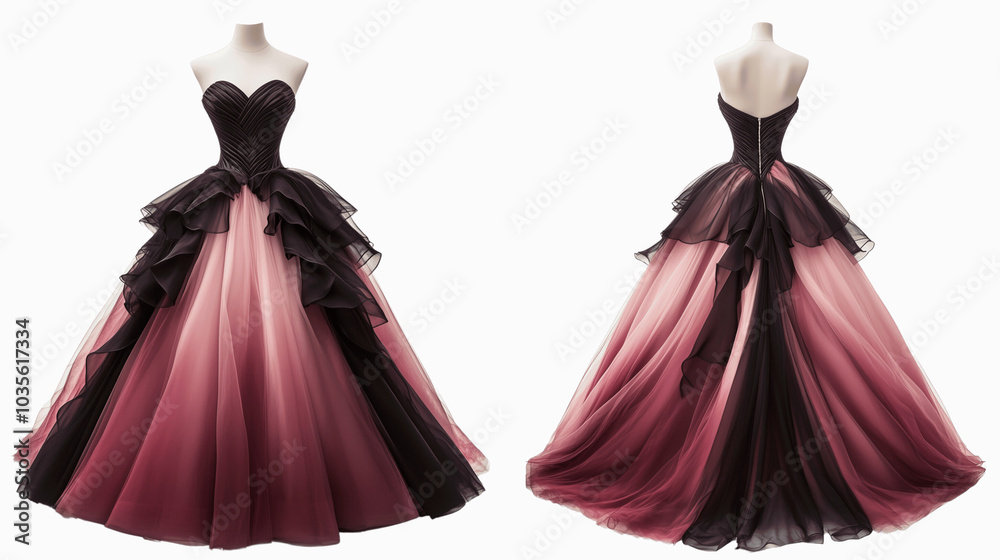 Obraz premium strapless ball gown mockup showcasing both front and back views, contrasting materials such as satin and organza, on a transparent backgrounds