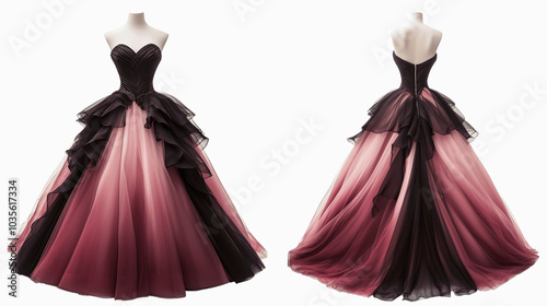 strapless ball gown mockup showcasing both front and back views, contrasting materials such as satin and organza, on a transparent backgrounds