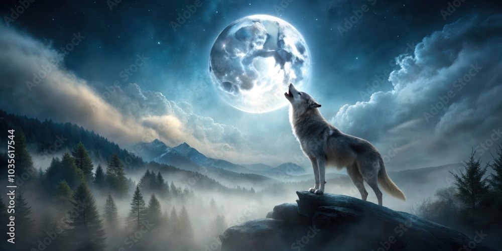 A lone wolf howls at the moon, silhouetted against a backdrop of a vast, misty mountain landscape, bathed in the ethereal glow of the full moon. A lone wolf howls at the moon, silhouetted against a backdrop of a vast, misty mountain landscape, bathed in the ethereal glow of the full moon.