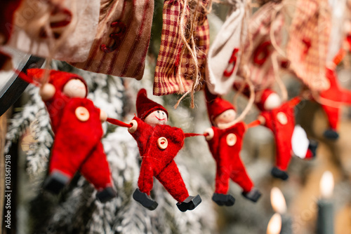 Europe Christmas market fair kiosk with handcrafted Christmas decorations.
