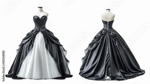 strapless ball gown mockup showcasing both front and back views, contrasting materials such as satin and organza, on a transparent backgrounds