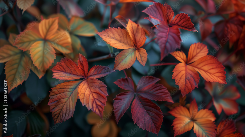 Autumn branch, leaves in beautiful fall colors. Defocused image. Autumn branch, leaves in beautiful fall colors. Defocused image.