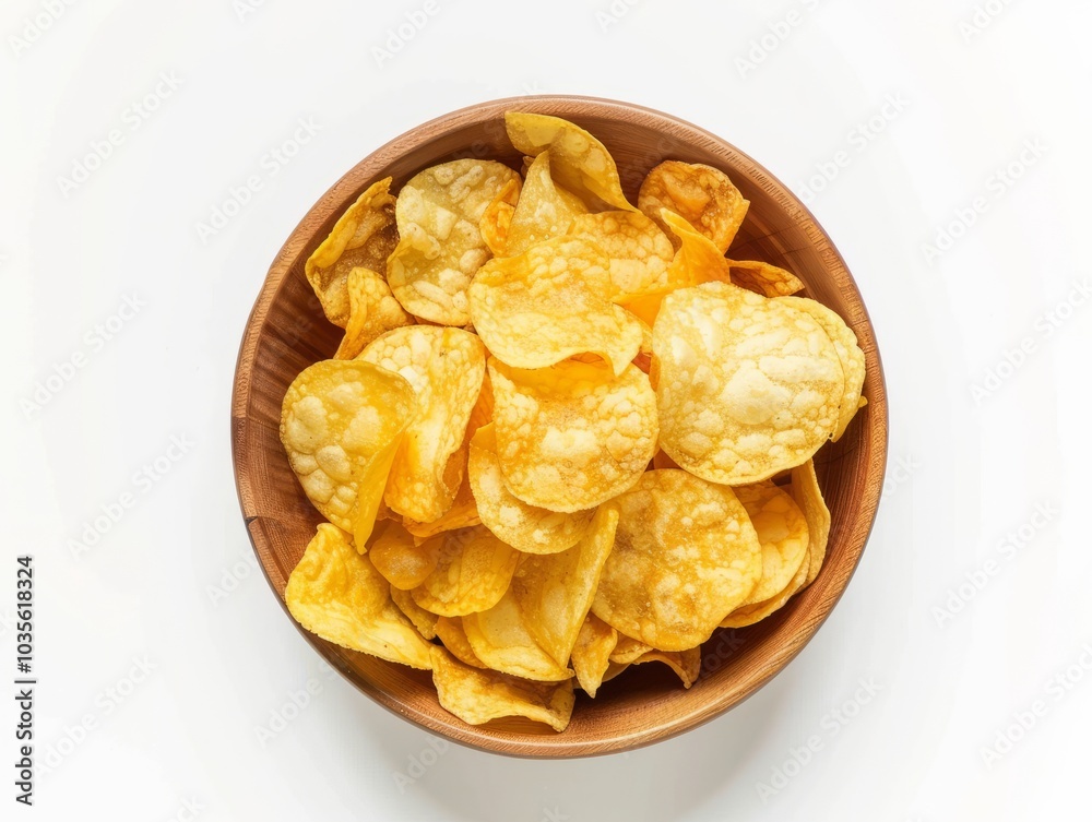 Tantalizing Top-View: Assorted Flavors of Potato Chips in a Bowl on White Background Tantalizing Top-View: Assorted Flavors of Potato Chips in a Bowl on White Background