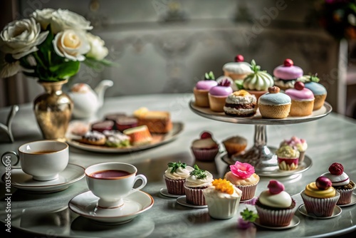 Afternoon Tea Selection of Cakes and Sweets in Tilt-Shift Photography Style