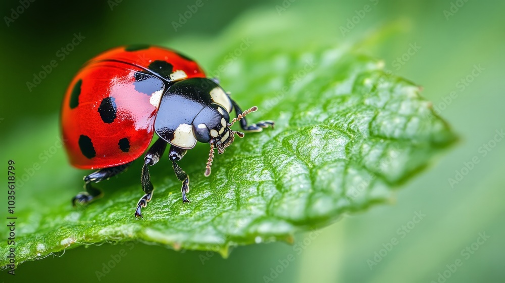 Close-up of a ladybug on a green leaf, bright red with black spots, a tiny detail of nature, vibrant and delicate Close-up of a ladybug on a green leaf, bright red with black spots, a tiny detail of nature, vibrant and delicate