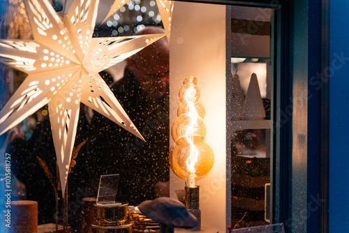 Europe Christmas market fair kiosk with handcrafted Christmas decorations.