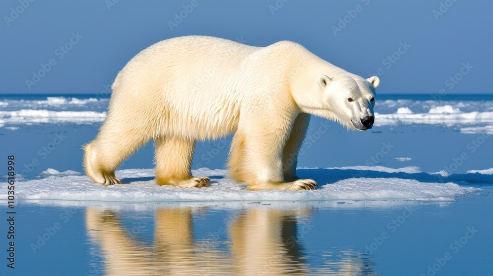 Powerful Polar Bear Strolling on Floating Arctic Ice Floe in Frozen Seascape Powerful Polar Bear Strolling on Floating Arctic Ice Floe in Frozen Seascape