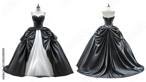 strapless ball gown mockup showcasing both front and back views, contrasting materials such as satin and organza, on a transparent backgrounds