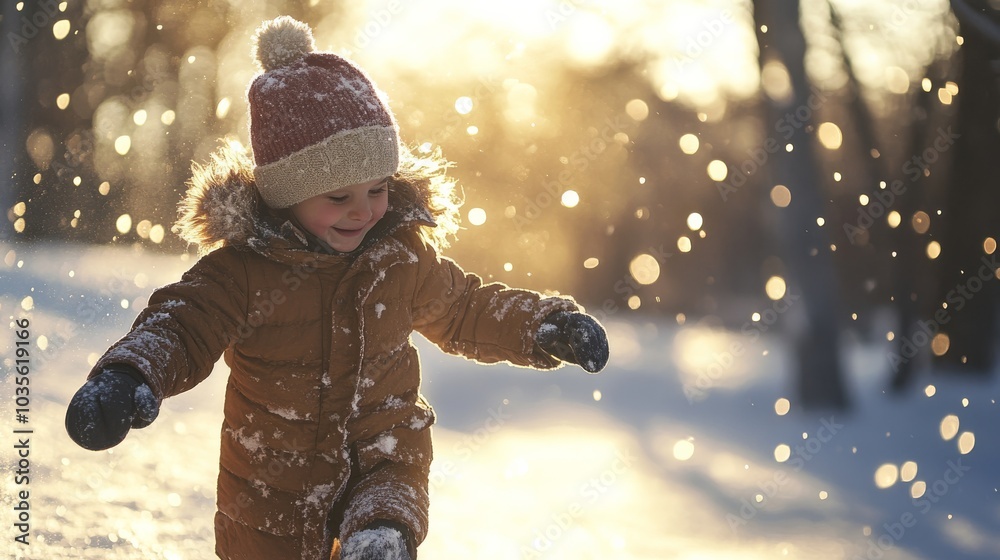 A child joyfully plays in the snow, surrounded by glittering snowflakes and sunlight, capturing the essence of winter fun and adventure.