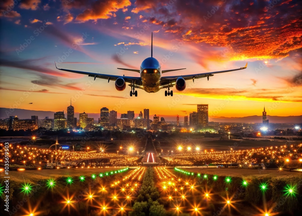 Obraz premium Airplane Landing in Johannesburg During Christmas with Festive Lights and Landscapes