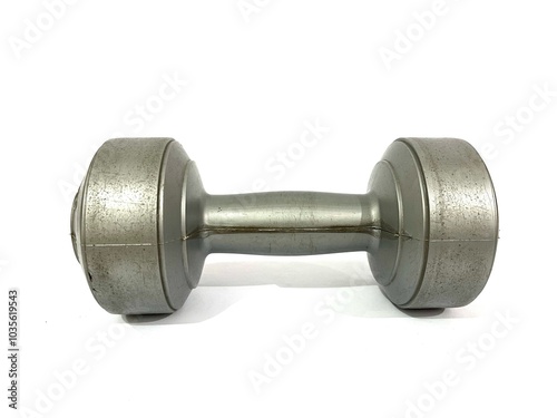 A single dumbbell of 4,4 lbs or 2 kilograms with shiny silver chromatic color made from sand for fitness isolated on white background
