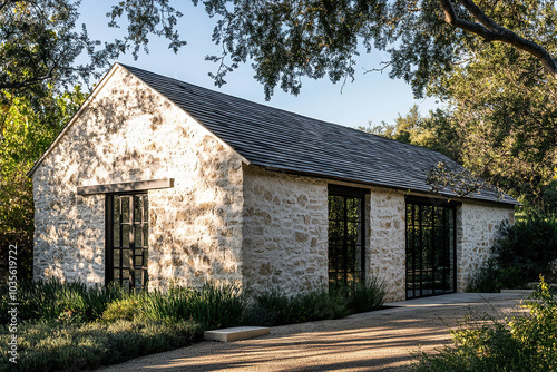 A small stone barn's exterior features a smooth white sandstone finish and a flat dark grey roof, set against the backdrop of California hills. The large black steel windows and surrounding greenery.