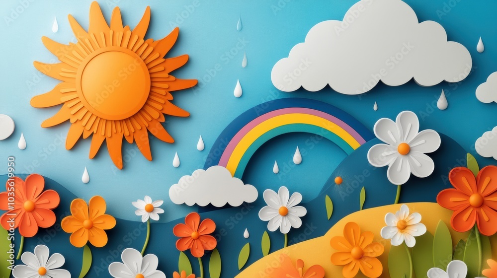 Cheerful paper art scene with sun, clouds, rainbow, and colorful flowers, AI Cheerful paper art scene with sun, clouds, rainbow, and colorful flowers, AI