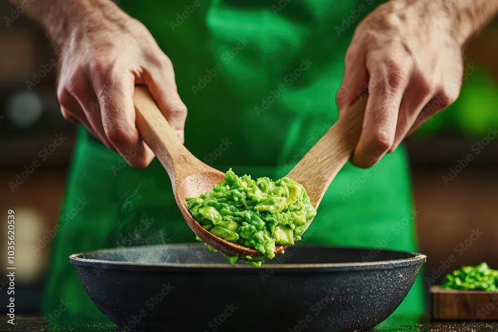 A chef expertly stirring a green risotto in a skillet with wooden spoons, showcasing cooking skills and fresh ingredients. A chef expertly stirring a green risotto in a skillet with wooden spoons, showcasing cooking skills and fresh ingredients.