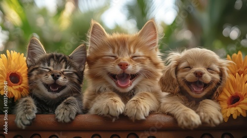 Obraz na płótnie adorable cats and dogs playfully hanging their paws over a bright cheerful website banner creating a friendly atmosphere perfect for social media engagement w salonie