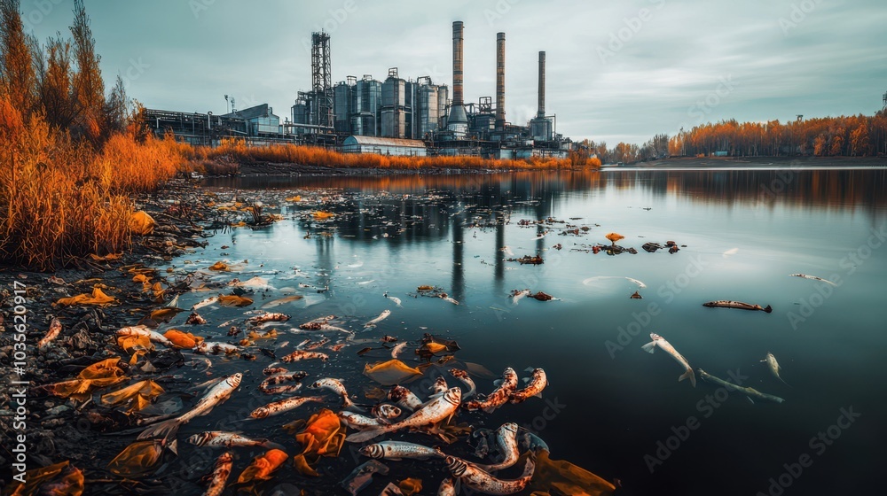 Fototapeta premium Dead Fish in Polluted River by Industrial Plant