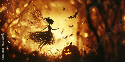 Halloween kind fairy flying with bats and pumpkin, in the night forest. Magical lights, dark background illustration banner.  photo