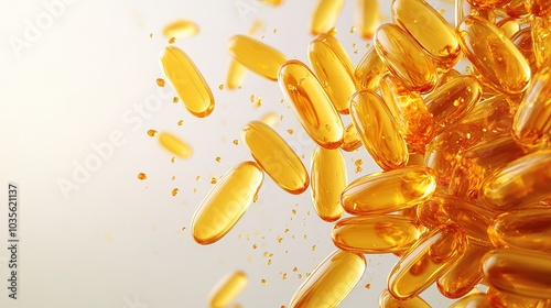 Fish oil omega 3 gel capsules on white background.	
