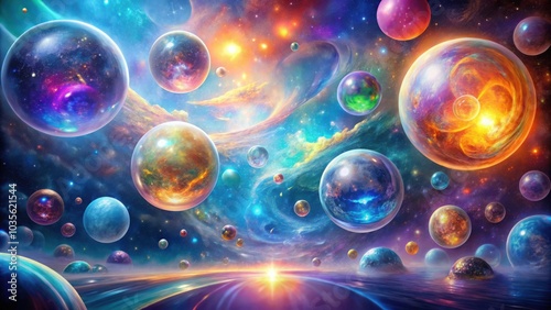 A Cosmic Tapestry of Vibrant Spheres, Each Encapsulating a Universe Within, Intertwined with Swirling Galaxies and Fading Stars, Reflecting on a Tranquil Sea