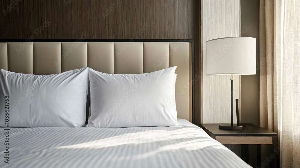 A serene hotel room featuring a neatly made bed and a bedside lamp. A serene hotel room featuring a neatly made bed and a bedside lamp.