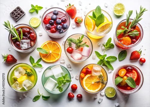 Vibrant Cocktail Selection - Aerial Photography of Colorful Drinks on White Background