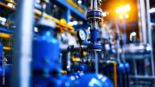 Industrial equipment and piping systems are prominently featured in this image, showcasing advancements in technology and engineering. vibrant blue colors and intricate details highlight complexity