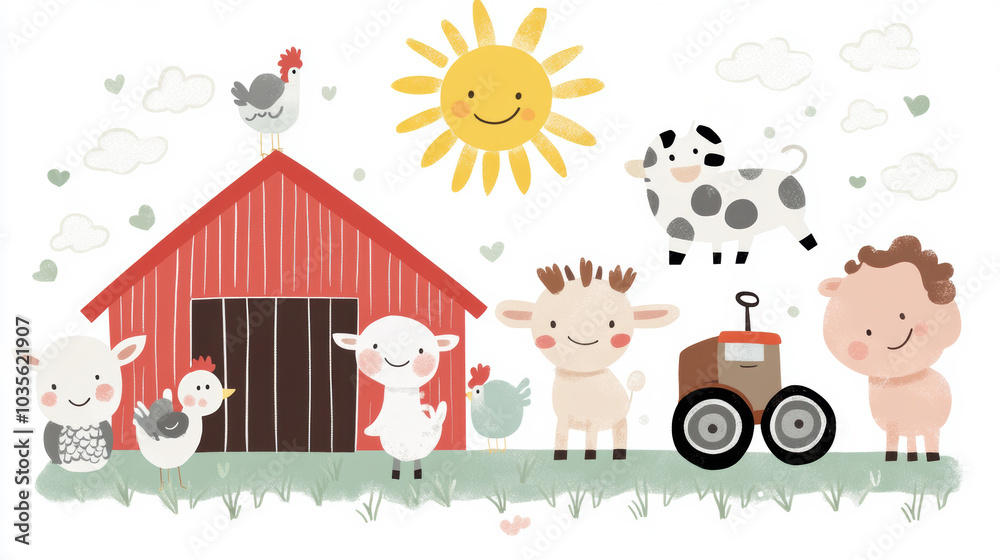 Cute farm animals gather around a red barn under a smiling sun, AI Cute farm animals gather around a red barn under a smiling sun, AI