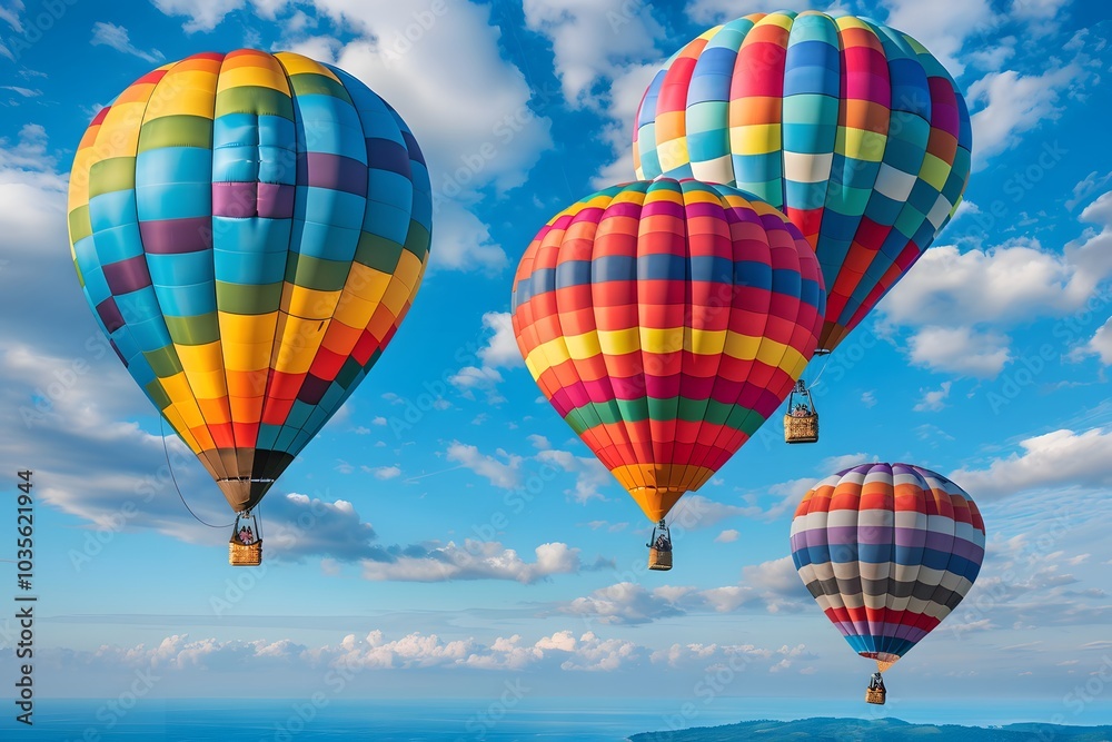 Obraz premium Colorful Hot Air Balloons Soaring Against a Bright Blue Sky