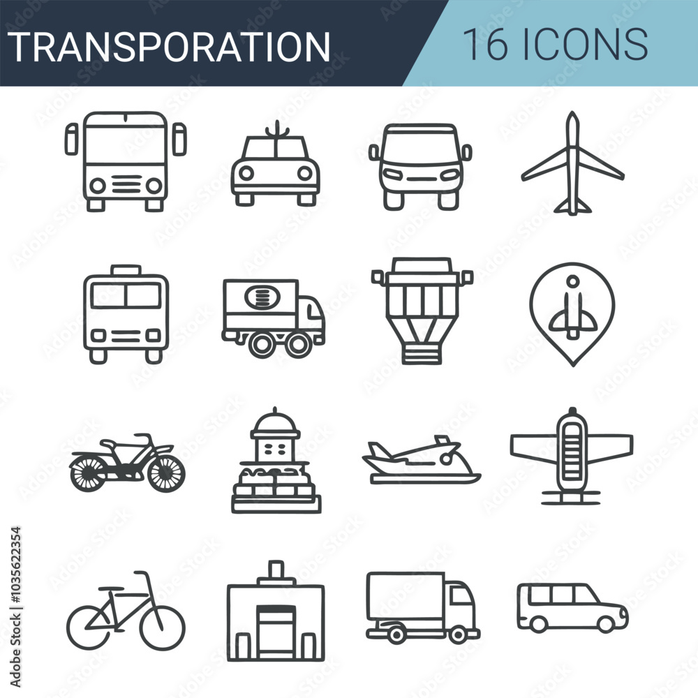 Set of 16 outline icons related to transportation. Linear icon collection. Editable stroke. Vector illustration Set of 16 outline icons related to transportation. Linear icon collection. Editable stroke. Vector illustration