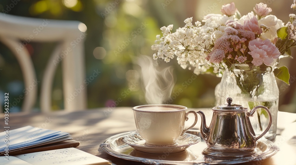 A serene tea setting with a steaming cup, teapot, and fresh flowers in sunlight. A serene tea setting with a steaming cup, teapot, and fresh flowers in sunlight.