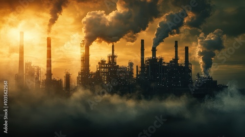 Industrial Pollution Smoke Stacks Sunset Cloudy Sky