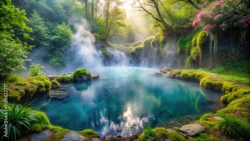 A Serene Oasis of Tranquility, Enveloped by Verdant Foliage, a Natural Spa with Crystal Clear Waters and Misty Enchantment