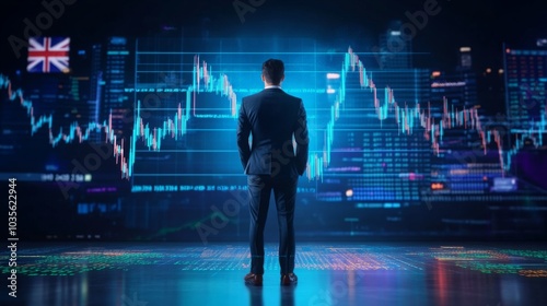 A businessman standing in front of a digital trading platform, economic growth, stock market chart, Australia finance and economy. investment trends global challenges and opportunities.
