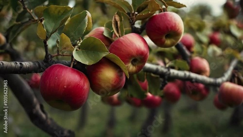 Bunch of red apples on tree branch. Rows of apple trees growing on apple farm.