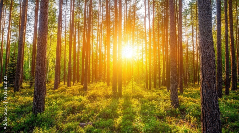 A quiet scene of the Russian taiga forest in summer, with thick trees and sunlight filtering through.