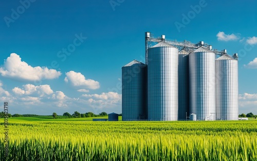 Silos in a vast green field under a bright blue sky with fluffy clouds.