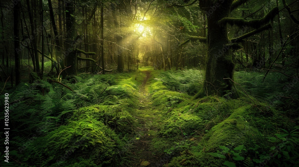 Obraz premium Sunlit Path Through a Lush, Green Forest