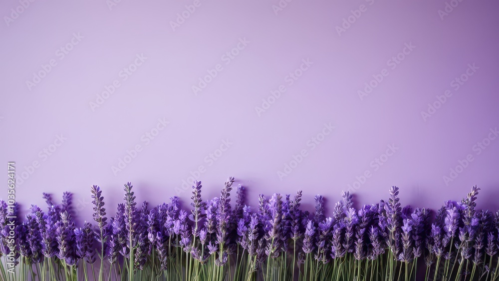 Naklejka premium Immerse yourself in the calming effect of a lavender pastel purple aesthetic background, enhanced with delicate lavender flowers, offering a dreamy and tranquil visual experience