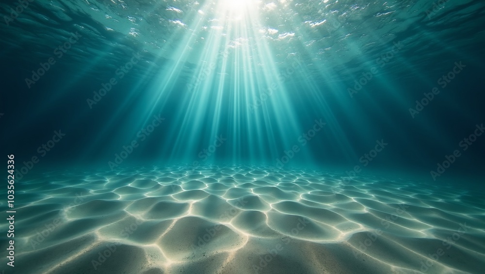 Light beams illuminating sandy sea floor underwater Light beams illuminating sandy sea floor underwater