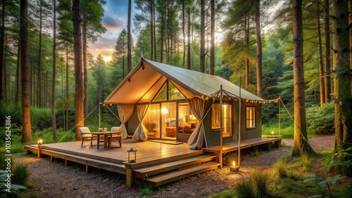 A rustic glamping tent nestled amidst towering trees, bathed in the warm glow of evening light, offering a tranquil escape in nature.