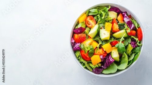 Bowl of colorful salad on a plain white table, minimal decor, overhead perspective.